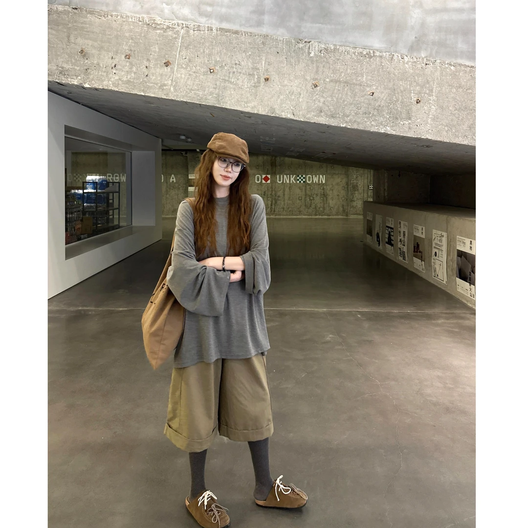 A558+A559早秋韩系松弛感休闲慵懒宽松长袖T恤上衣搭配七分裤套装