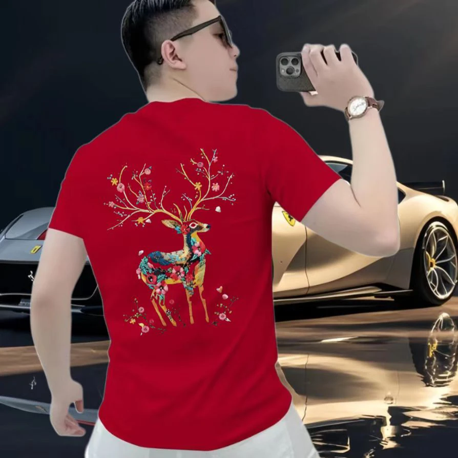 国潮国风痞帅重磅纯棉短袖-梅花鹿宽松百搭圆领上衣休闲宽松