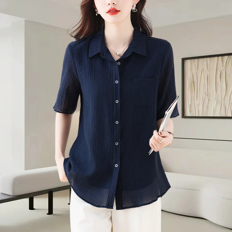 大码时尚简约衬衫女夏装2025年新款胖mm气质减龄显瘦百搭条纹上衣