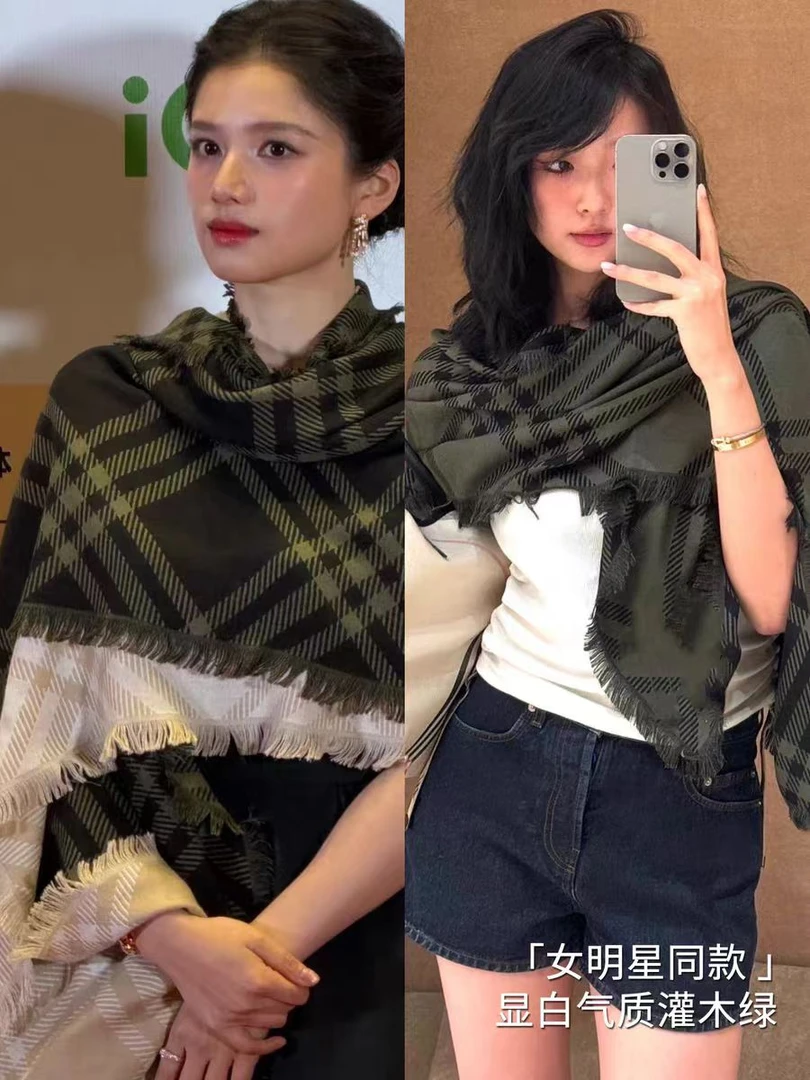 张婧仪同款仿羊绒围巾女黑色复古双面羊毛保暖披肩格纹流苏围脖冬