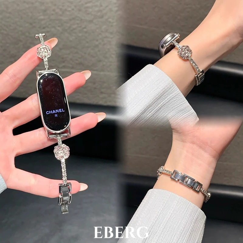 适用小米手环10表带9pro山茶花镶钻9nfc手表红米watch6/5金属女款