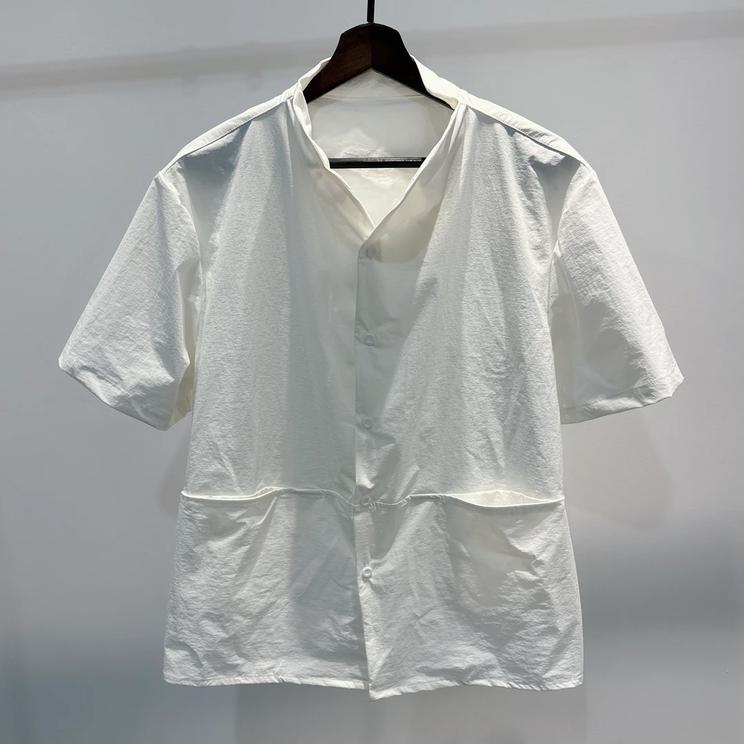 夏季设计师男士潮牌短袖V领衬衫宽松简约大口袋纯色立领半袖衬衣