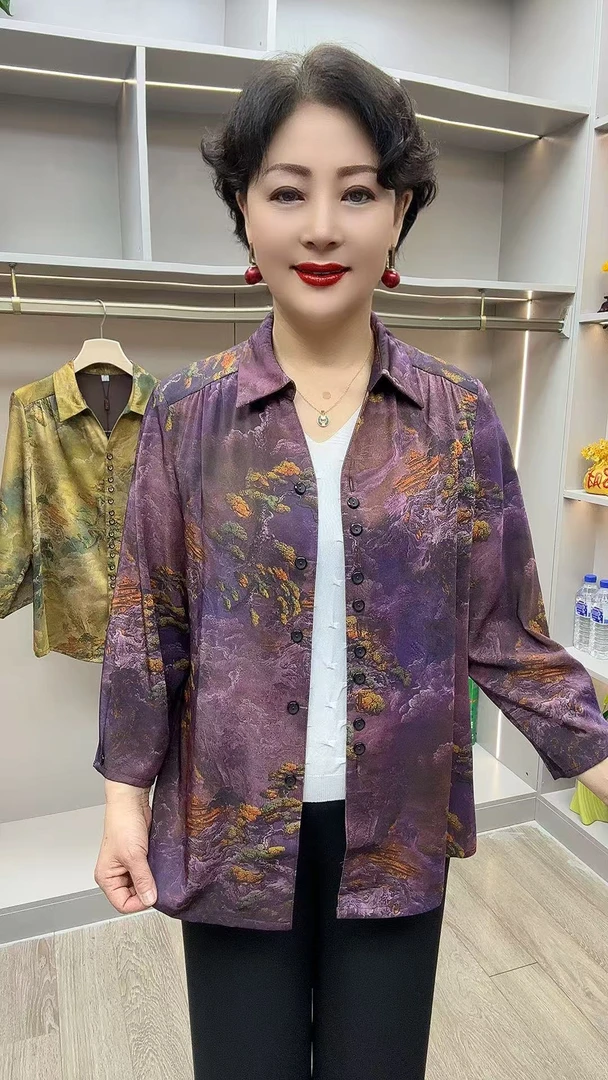 SL#0225开衫-9分袖 衣长 67 中老年女装新款丝缎开衫洋气潮流衬衫