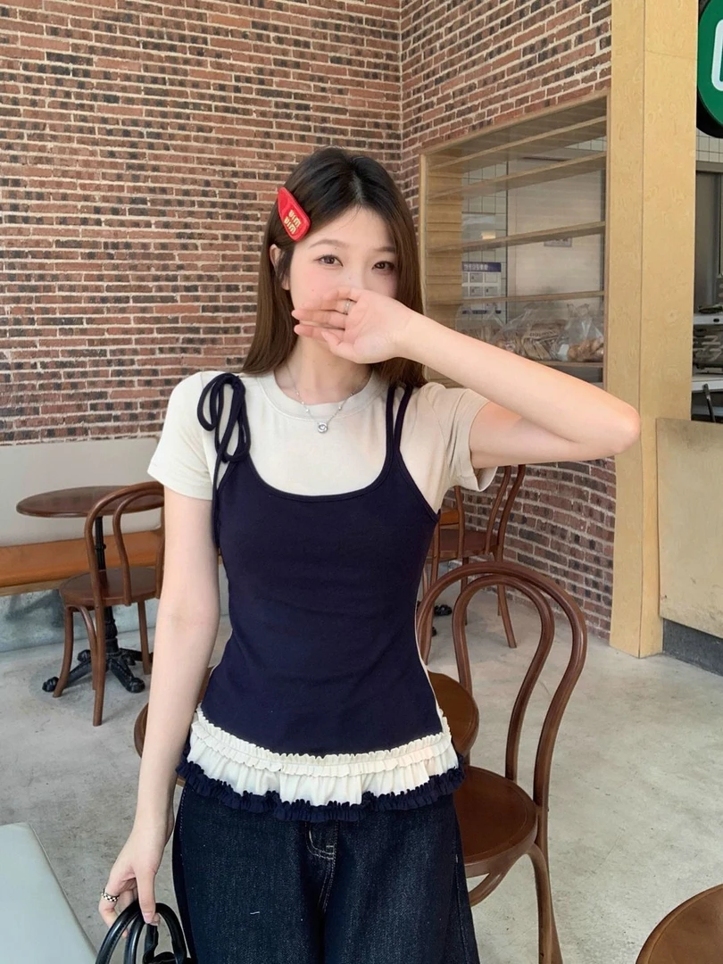 大码复古假两件吊带短袖T恤女装夏季内搭打底衫胖MM遮肉显瘦上衣