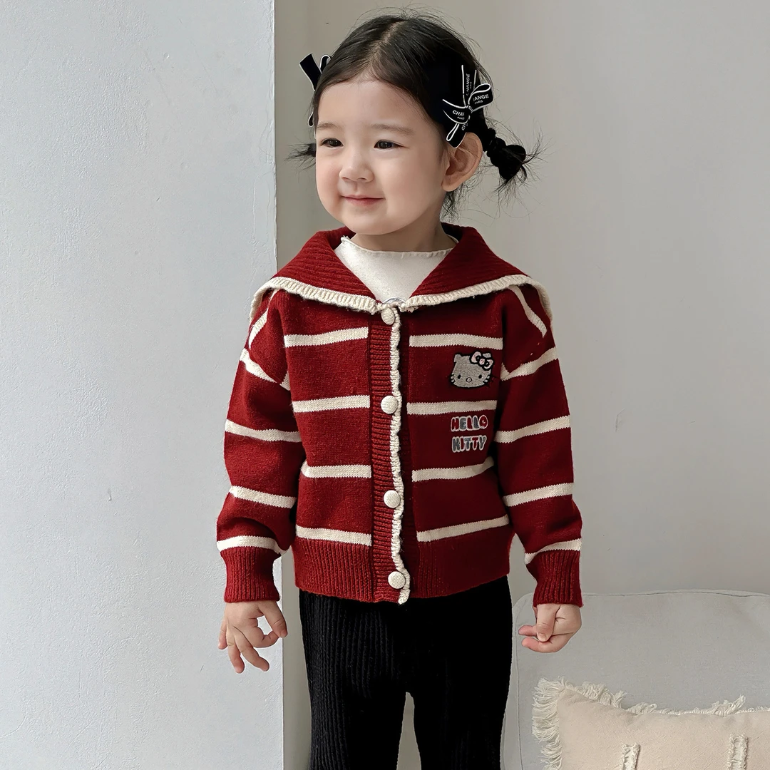 女宝秋冬新款红色条纹毛衣开衫