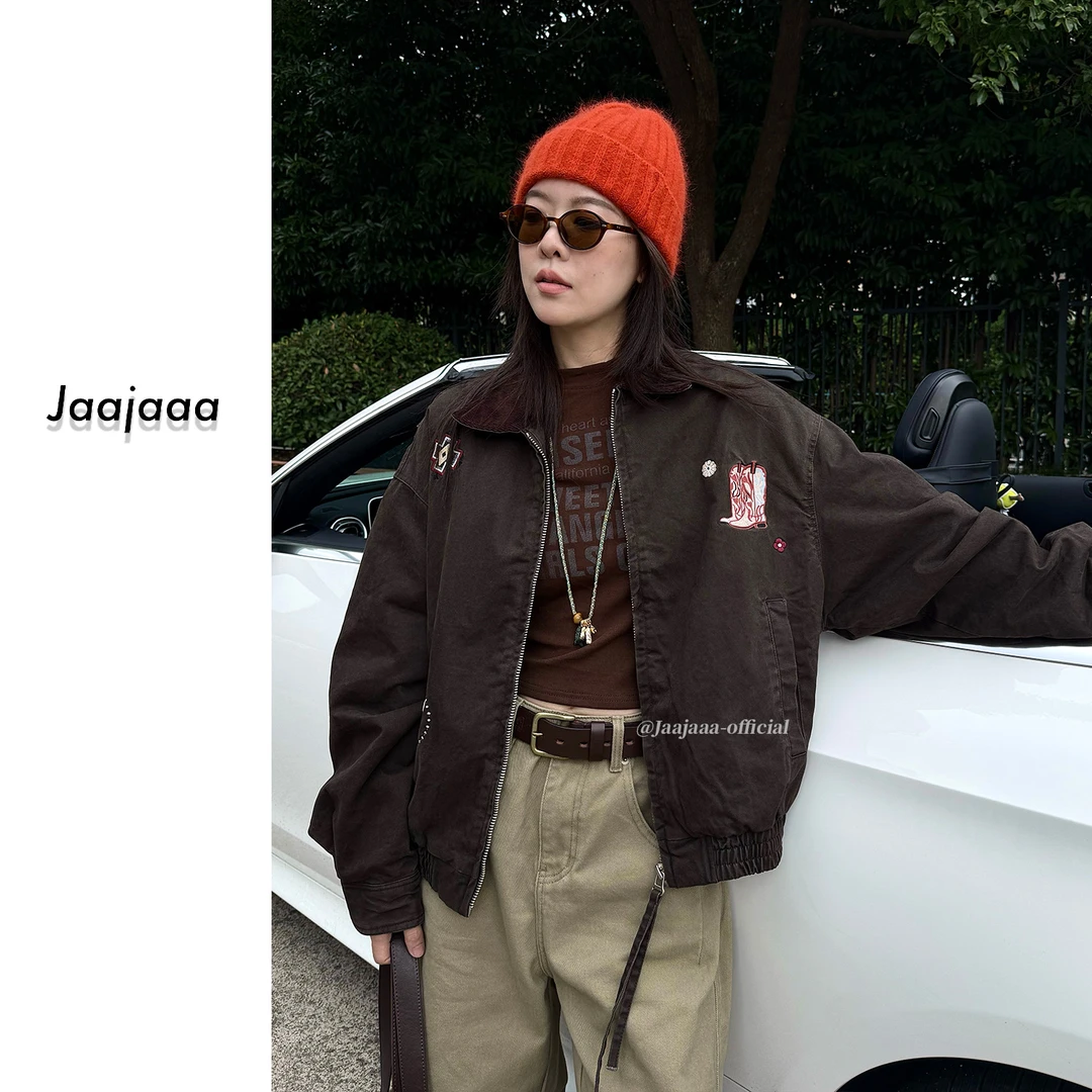 Jaajaaa落月屋梁  秋冬气质欧美百搭小众翻领印花设计棉外套/CCAE