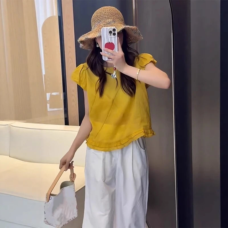 韩系独特荷叶边显瘦短袖衬衫夏季薄款胖MM大码女装小众不撞衫上衣