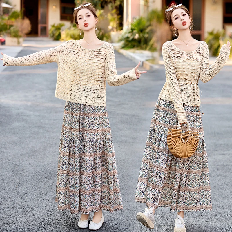 2025年夏季新款新款女装时尚镂空上衣碎花波西米亚半身裙两件套