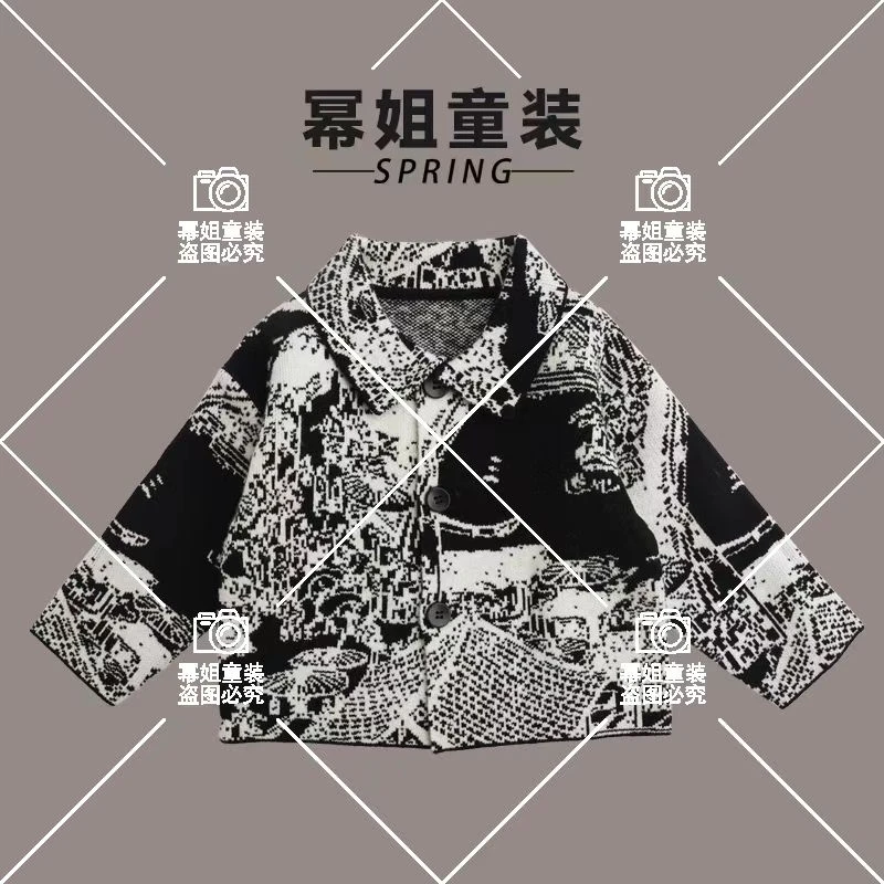 儿童针织外套春秋季翻领保暖黑白撞色宝宝百搭毛衣