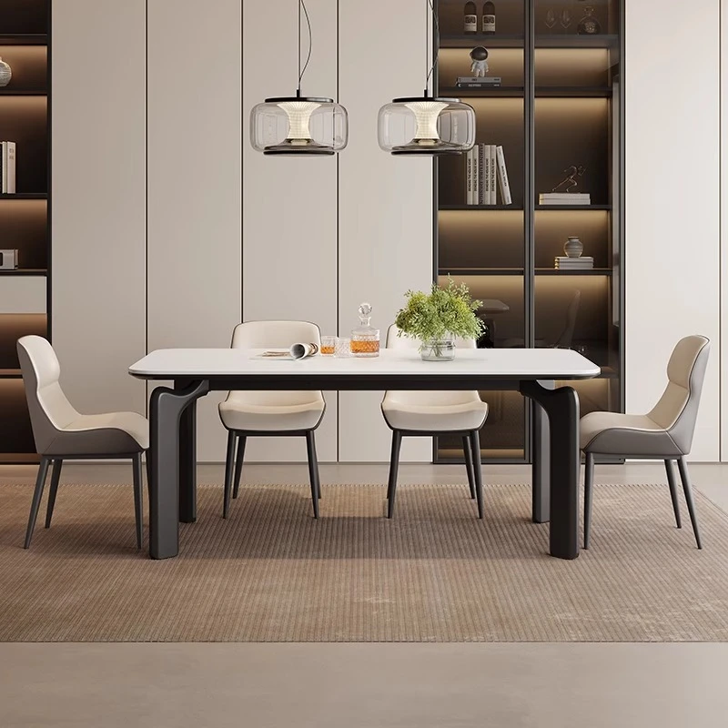 岩板餐桌现代简约小户型家用长方形桌子白色岩板饭桌侘寂风餐桌椅