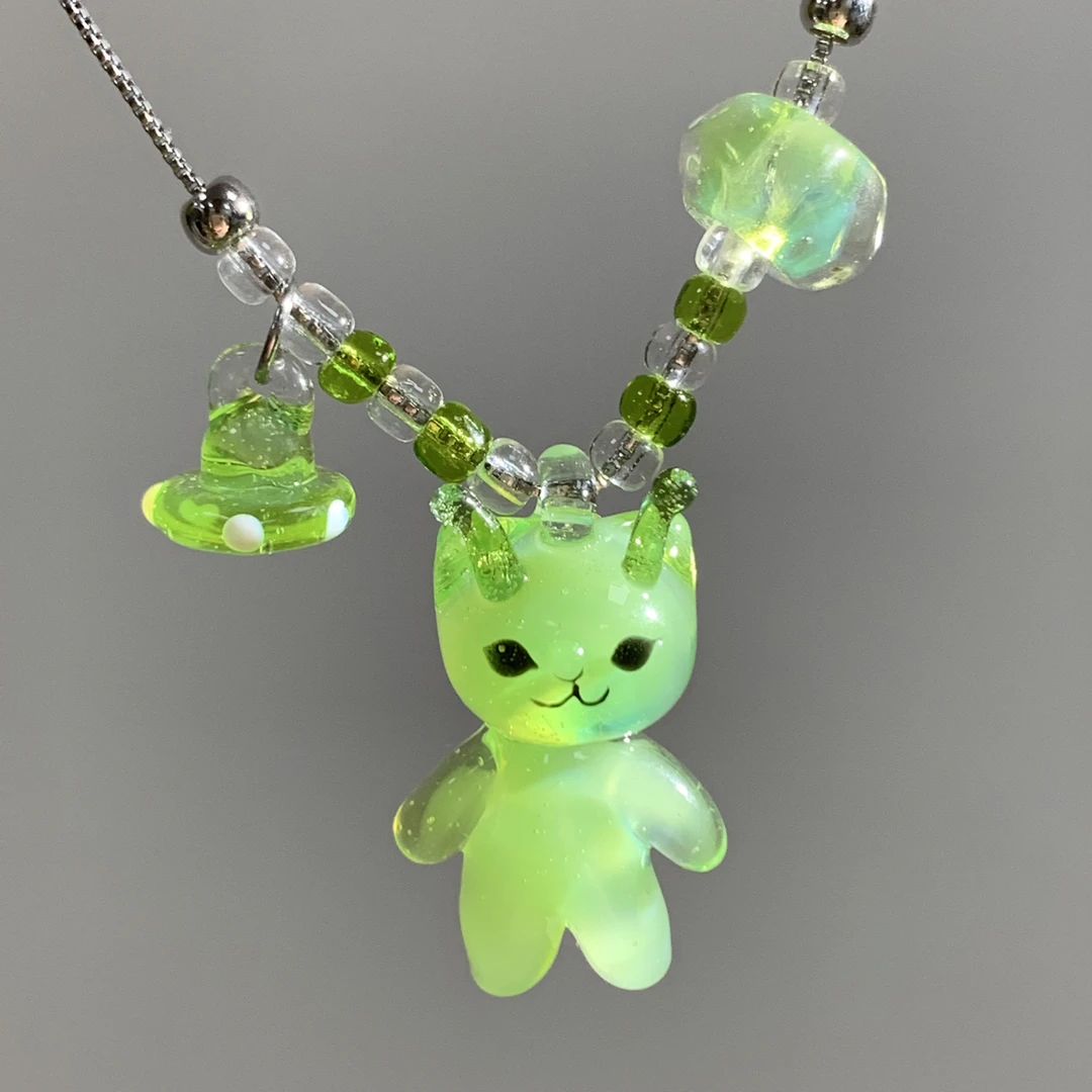钛钢琉璃项链 外星小猫可爱卡通琉璃项链
