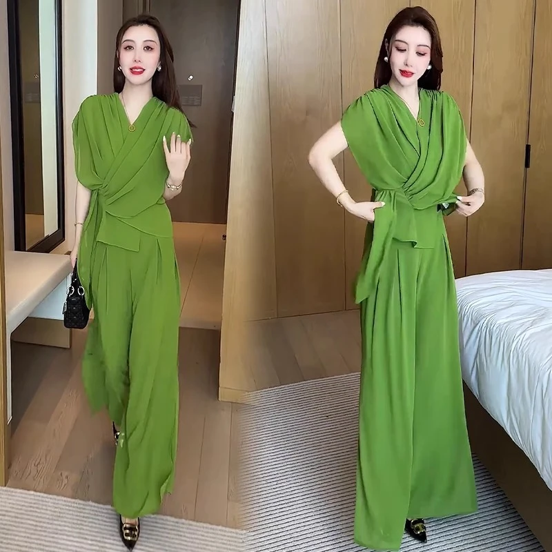 时尚套装女2025夏季新款洋气减龄显瘦不规则短袖上衣阔腿裤两件套