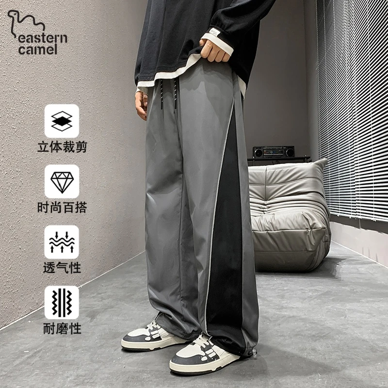 东方骆驼美式复古撞色拼接速干运动裤潮牌机能阔腿垂感男款休闲裤