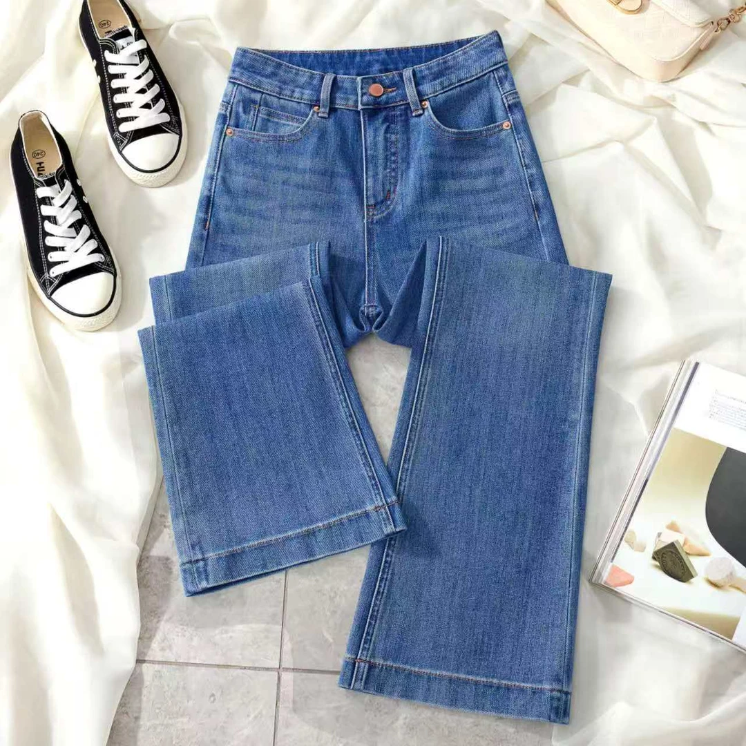 匠心服饰新款完美弹休闲时尚高腰百搭经典蓝女装修身直筒喇叭裤