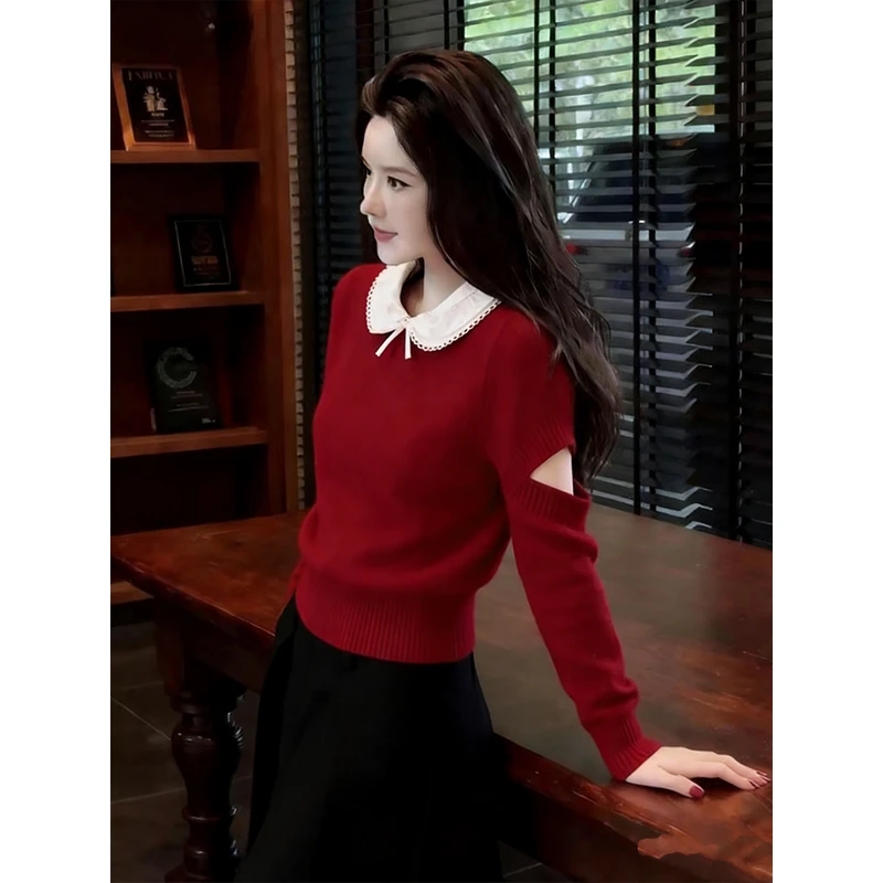 修身显瘦百搭气质日常通勤流行款红色上衣女2026冬本命年翻领毛衣