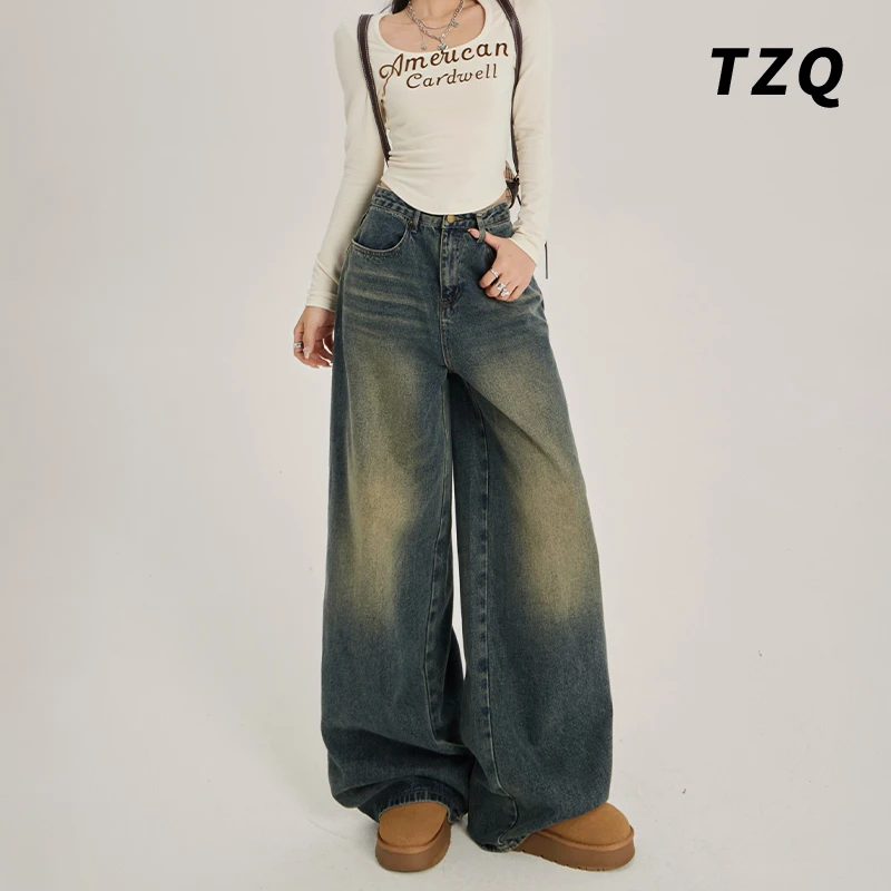 2025夏季新款美式复古高腰阔腿牛仔裤女宽松百搭直筒裤TZQ122720
