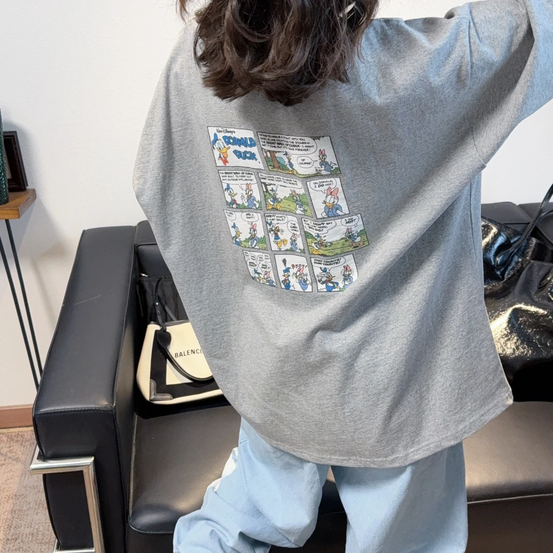 2025新款卡通圆领漫画风唐老鸭五分袖T恤女减龄百搭宽松显瘦洋气
