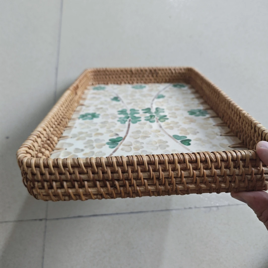 越南藤加贝壳四叶草风格高端越南藤编贝壳盘37*24