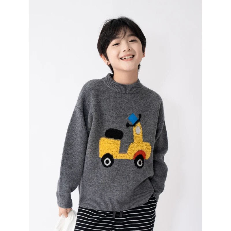 ‘歇意’【100%羊毛】男童半高领小汽车卡通厚羊毛衫儿童毛衣C
