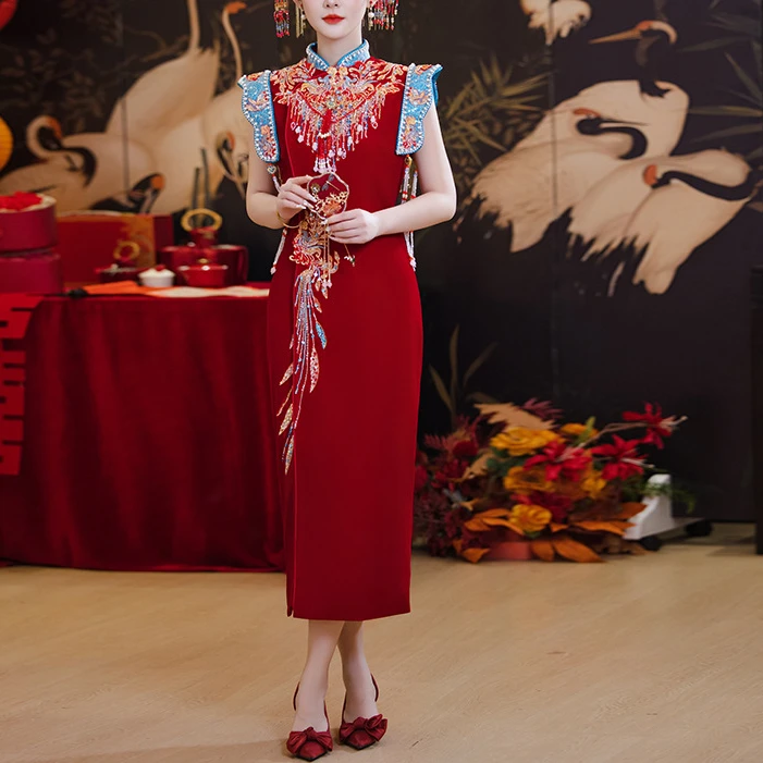 新中式丝绒无袖旗袍秀禾服婚服2025新款订婚礼服新娘嫁衣女敬酒服