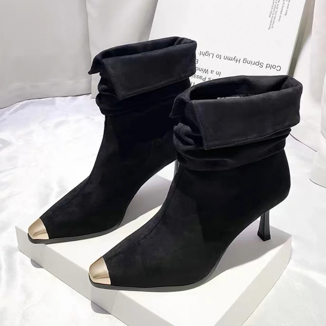 金属尖头细跟短靴女绒面褶皱高跟堆堆靴秋冬百搭时装靴6699