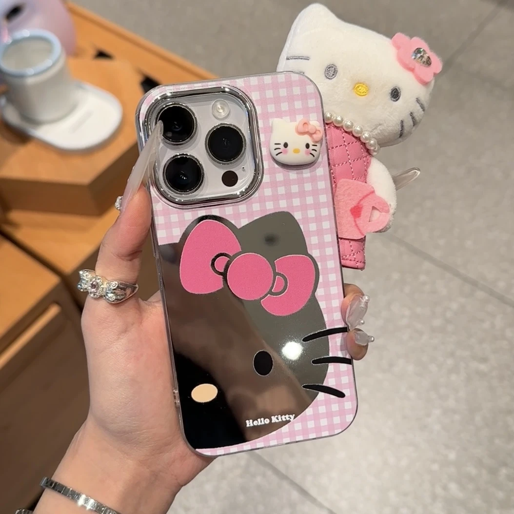 韩风简约格纹KT猫适用苹果16/13镜面手机壳华为vivo小米15oppo女