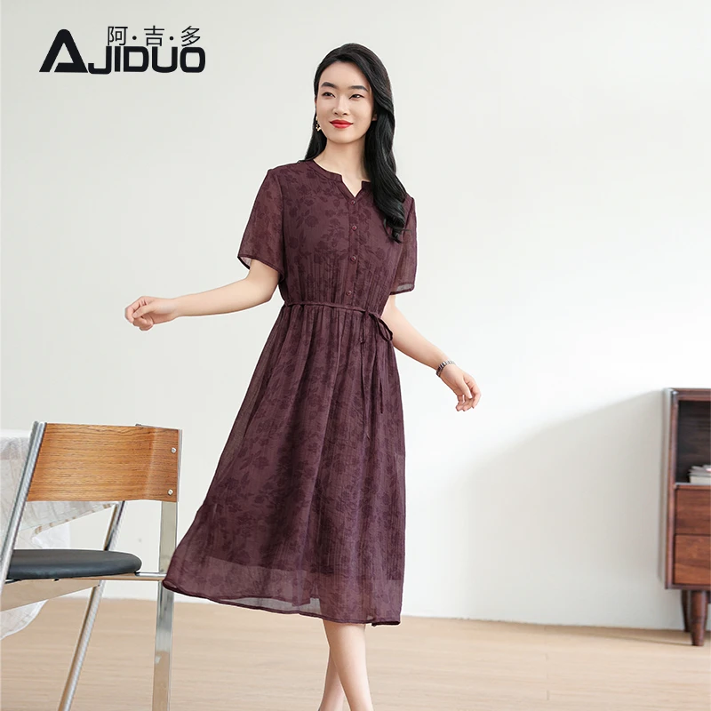 阿吉多短袖连衣裙女2025夏季新款系带收腰提花大码垂感高级感裙子