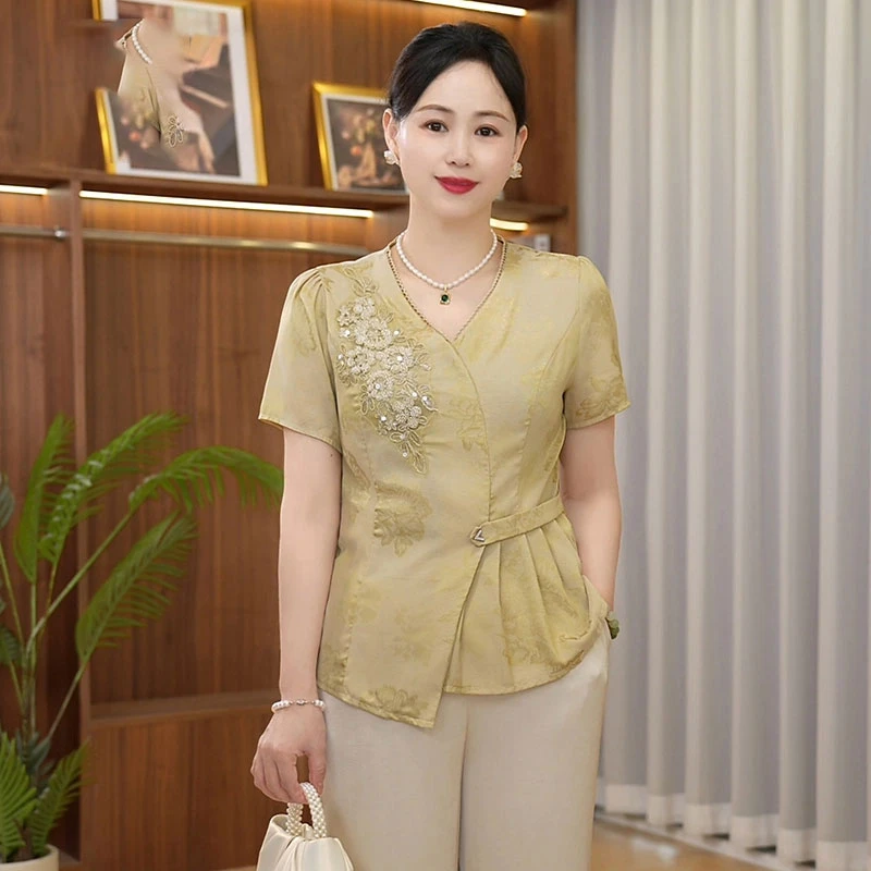 洋气妈妈装新中式钉珠小衫套装中老年女夏季时尚提花上衣气质母亲