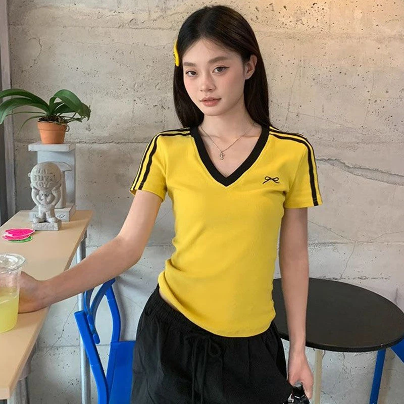 韩系百搭小众设计感撞色拼接蝴蝶结v领正肩短袖t恤女夏季新款上衣