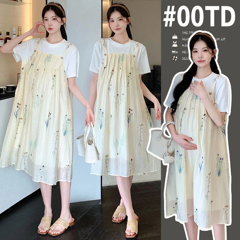 2025孕妇装夏季新款法式重工刺绣花朵显瘦减龄假两件连衣裙百搭