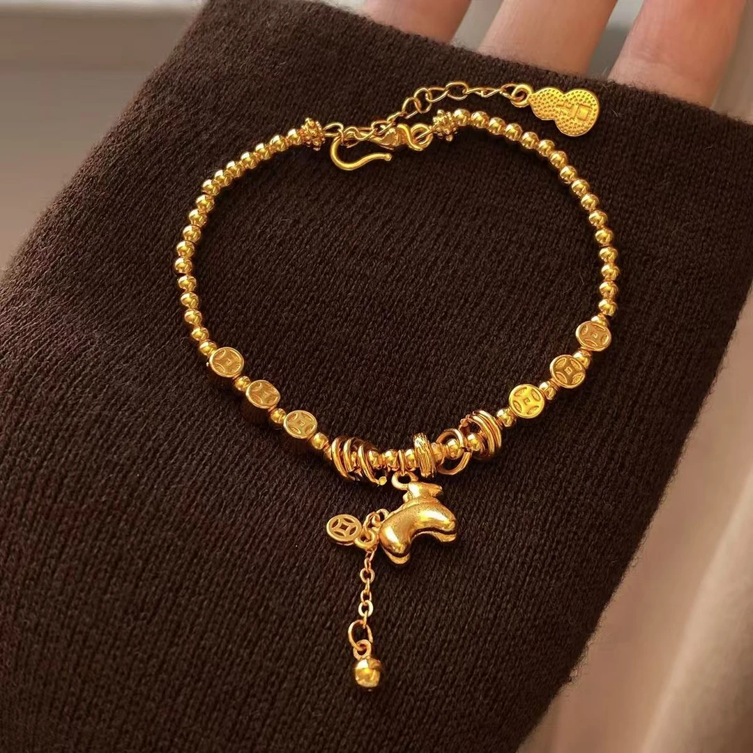 铜合金手链 马上有钱 金色串珠立体小马手链高级感手串小众设计感
