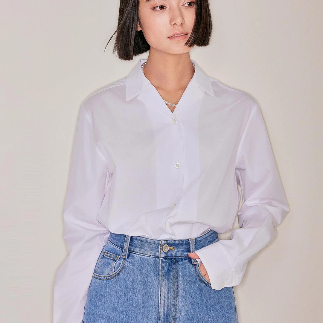 小虫复古知识分子 电影感法式古巴领全棉显瘦长袖衬衫-T24XCS003