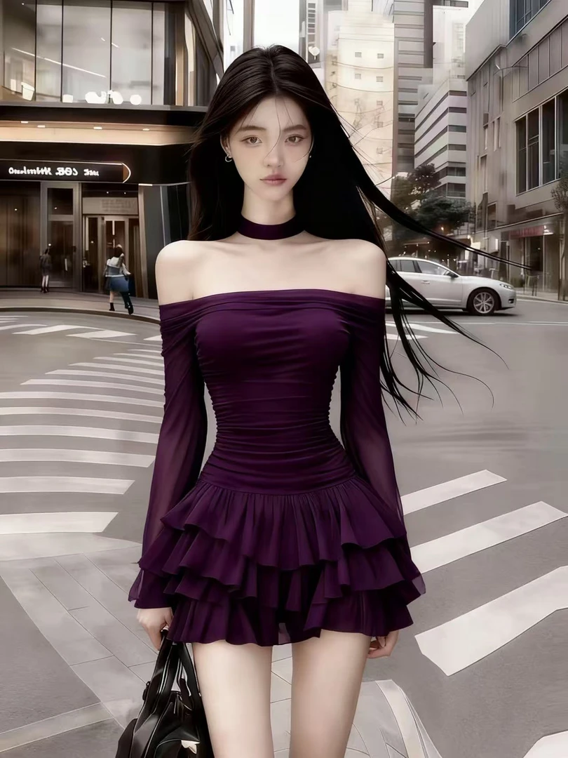 秋冬静奢御姐风气质名媛氛围感紫色一字领露肩抹胸长袖收腰连衣裙