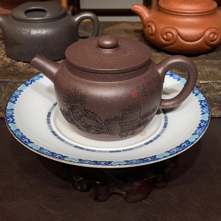 冬***阳紫砂茶壶全万文涛刻绘220容量