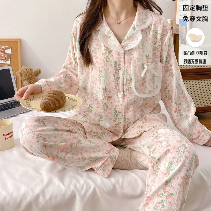 春夏新款云朵棉印花带杯垫睡衣柔软甜美减龄透气女长袖套装1796