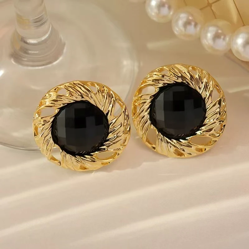 铜合金仿水晶耳饰 复古风时尚耳钉黑色复古几何女欧美风简约个性