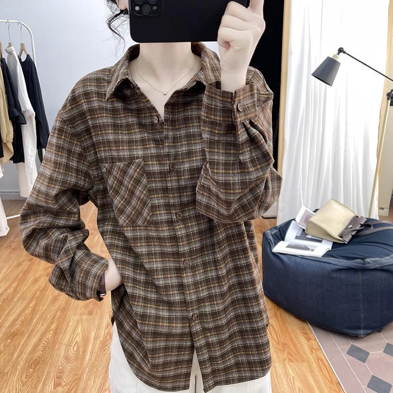 咖啡色复古格子衬衫外套女春秋款设计感小众宽松慵懒风长袖上衣女