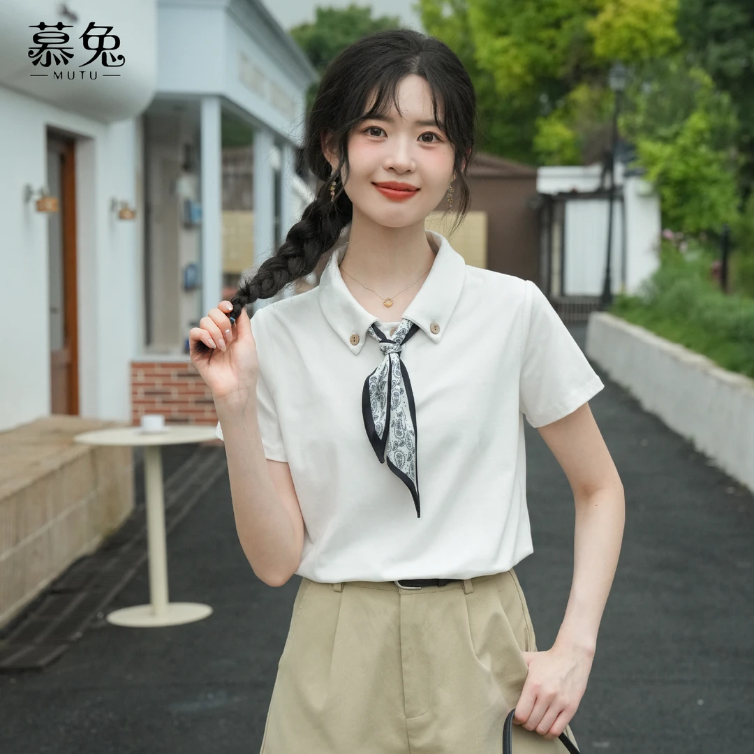 韩系复古polo领带丝巾上衣女2025夏季新款小个子正肩短袖t恤