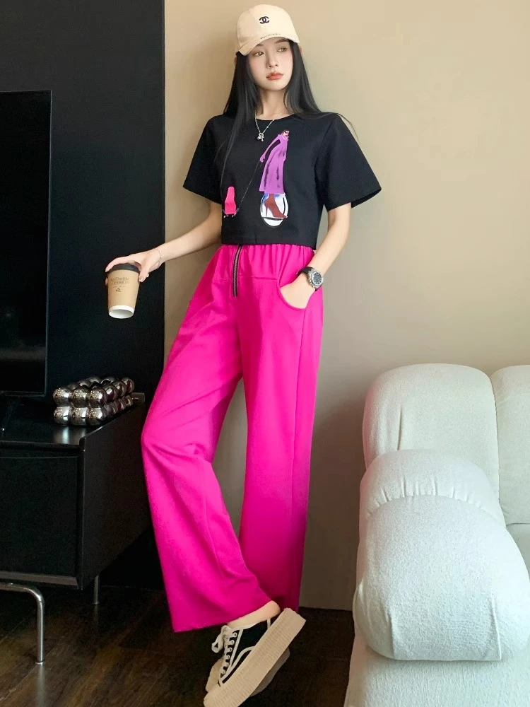 2025夏季简约休闲玫红色直筒裤女时尚显瘦宽松百搭高腰窄版长裤