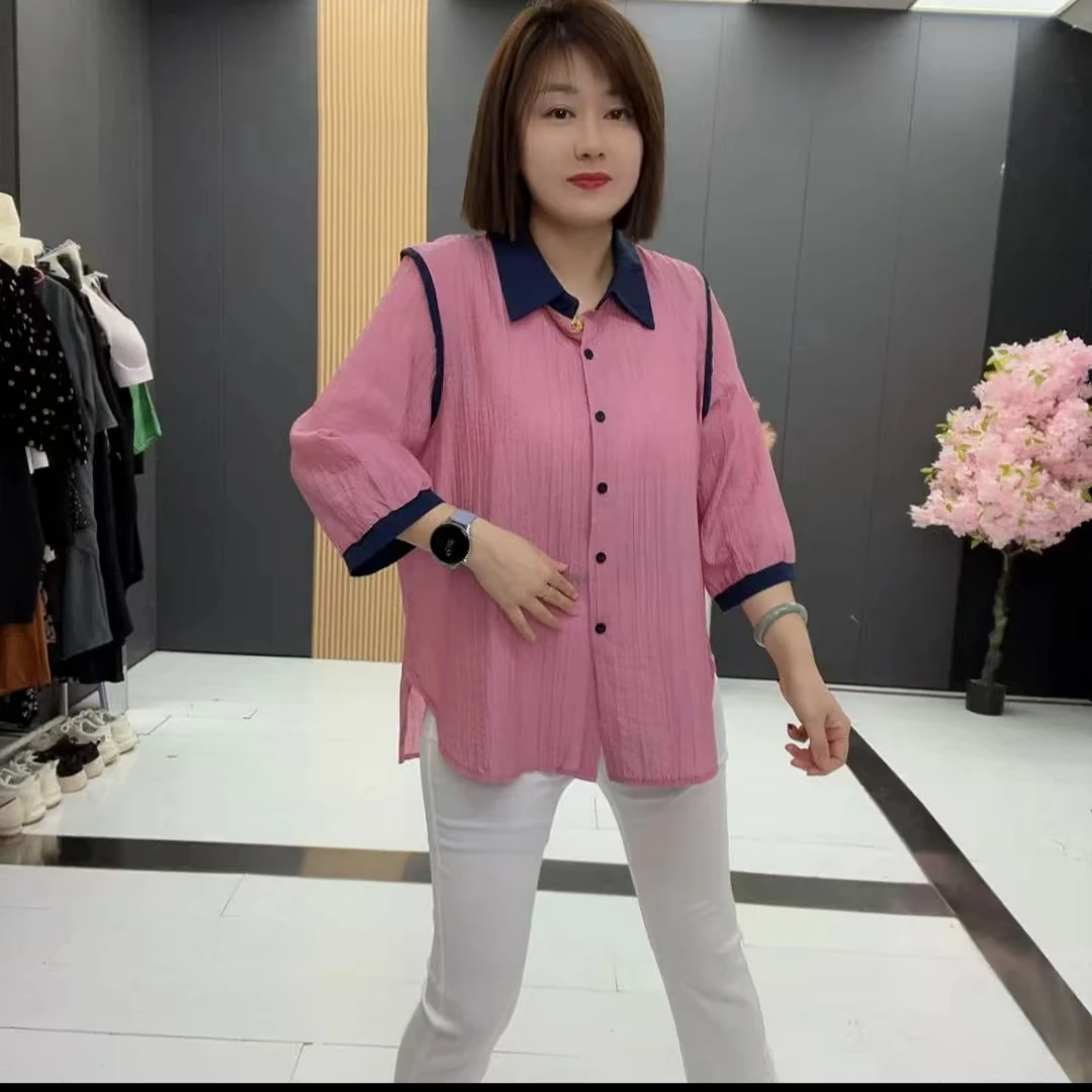 时尚翻领七分袖衬衫显瘦气质宽松女打底衫夏季百搭