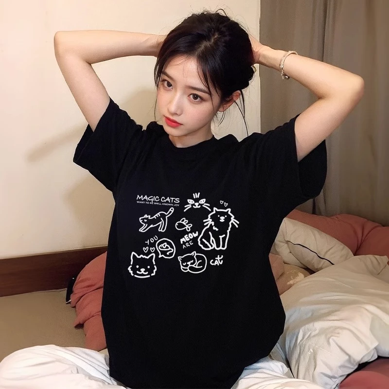 美式夏季正肩t恤女短袖2025新款爆款黑色显瘦宽松纯棉圆领半袖ins