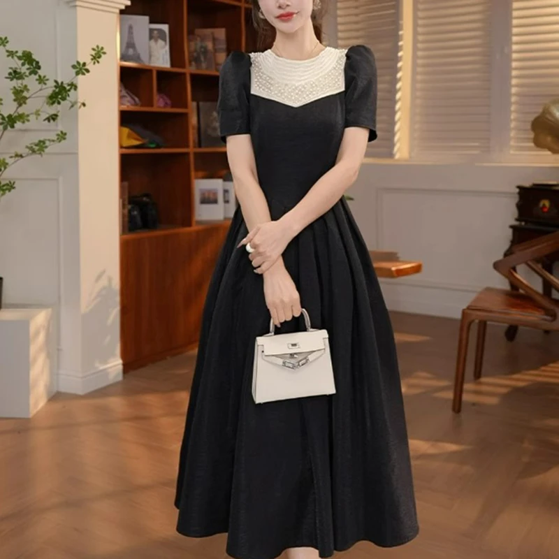 【长款】时尚气质女夏季新款赫本风黑色高级感收腰显瘦大摆裙D1285