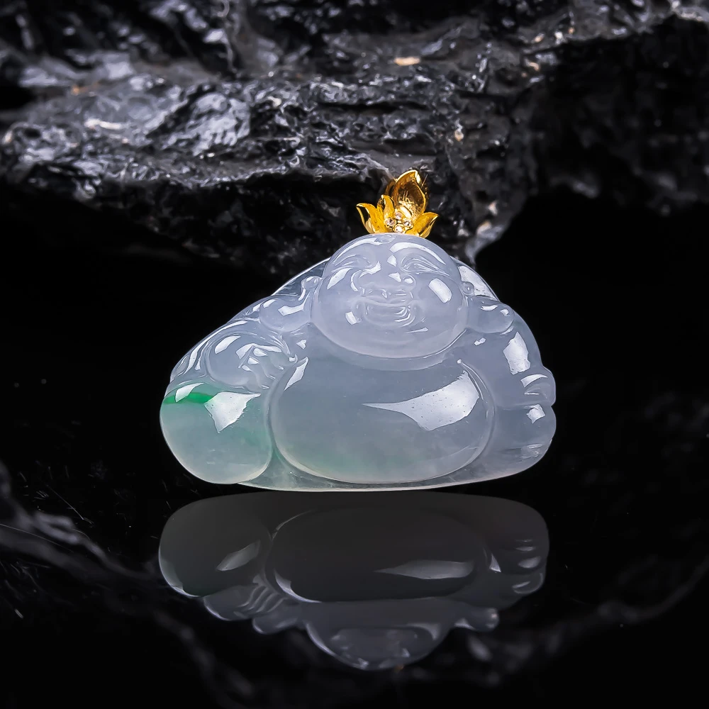 缅甸翡翠吊坠飘绿佛公挂件18k金镶嵌天然A货女士气质