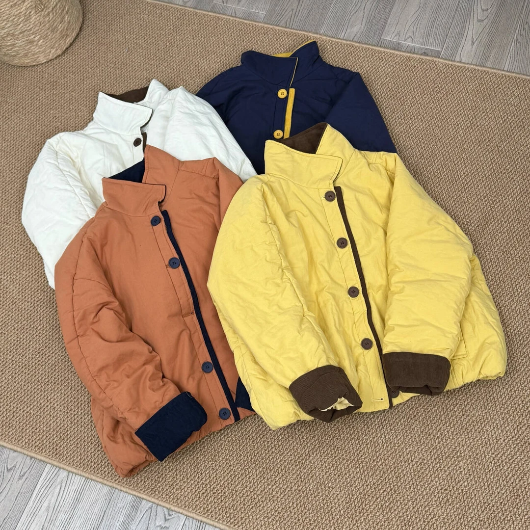 2025秋冬新款 洋气拼色纽扣棉衣休闲撞色百搭韩版外套