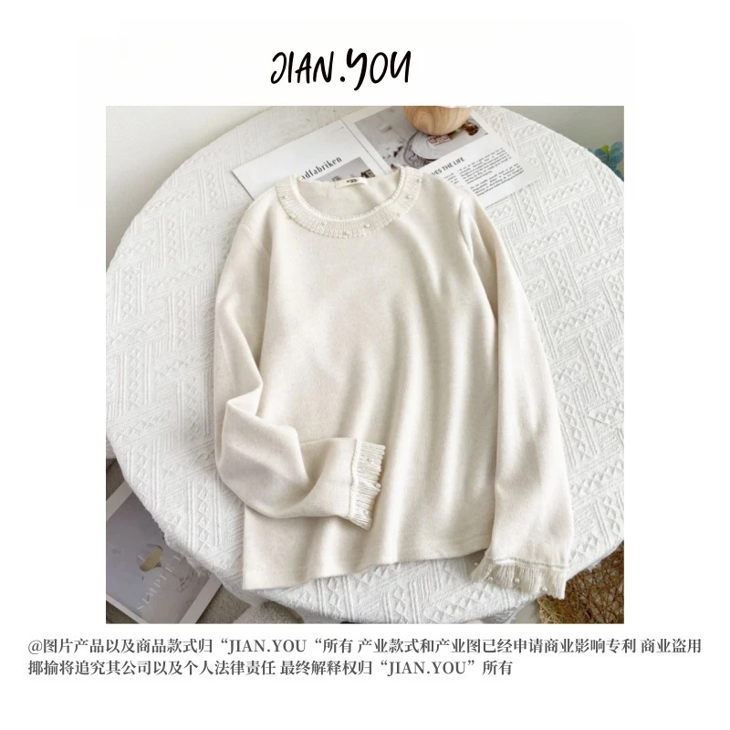 JIANYOU-「法式蕾丝」2024加厚冬季新款蕾丝花边百搭圆领T恤HT-560