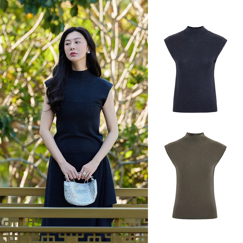 TRACY CHU新粉必入扬子橄榄绿色/深灰色INS风百搭针织羊毛无袖T恤