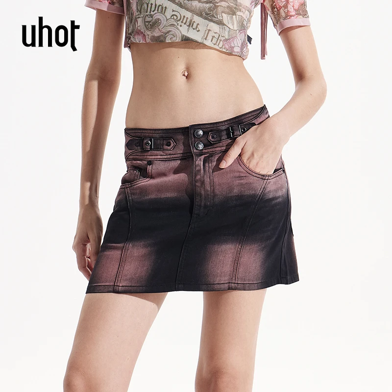 UHOT 黑粉定位喷色渐变洗水牛仔短裙辣妹显瘦25夏季新款UWWR6Q371