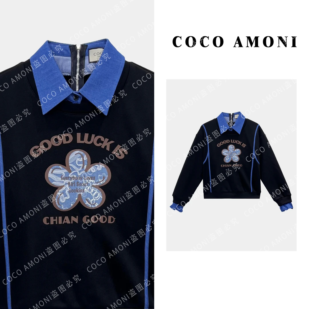 定制假两件拼接印花立体花朵显瘦减龄加绒长袖卫衣ZQ579