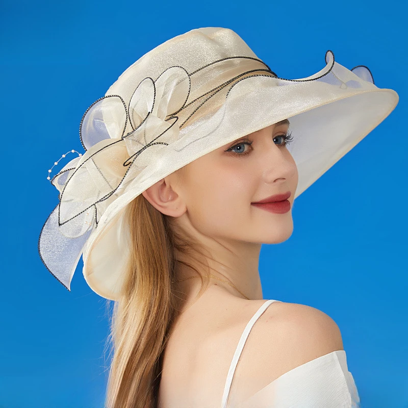 防晒帽女士欧根纱纯色大花朵遮阳帽子英伦贵妇优雅气质太阳帽