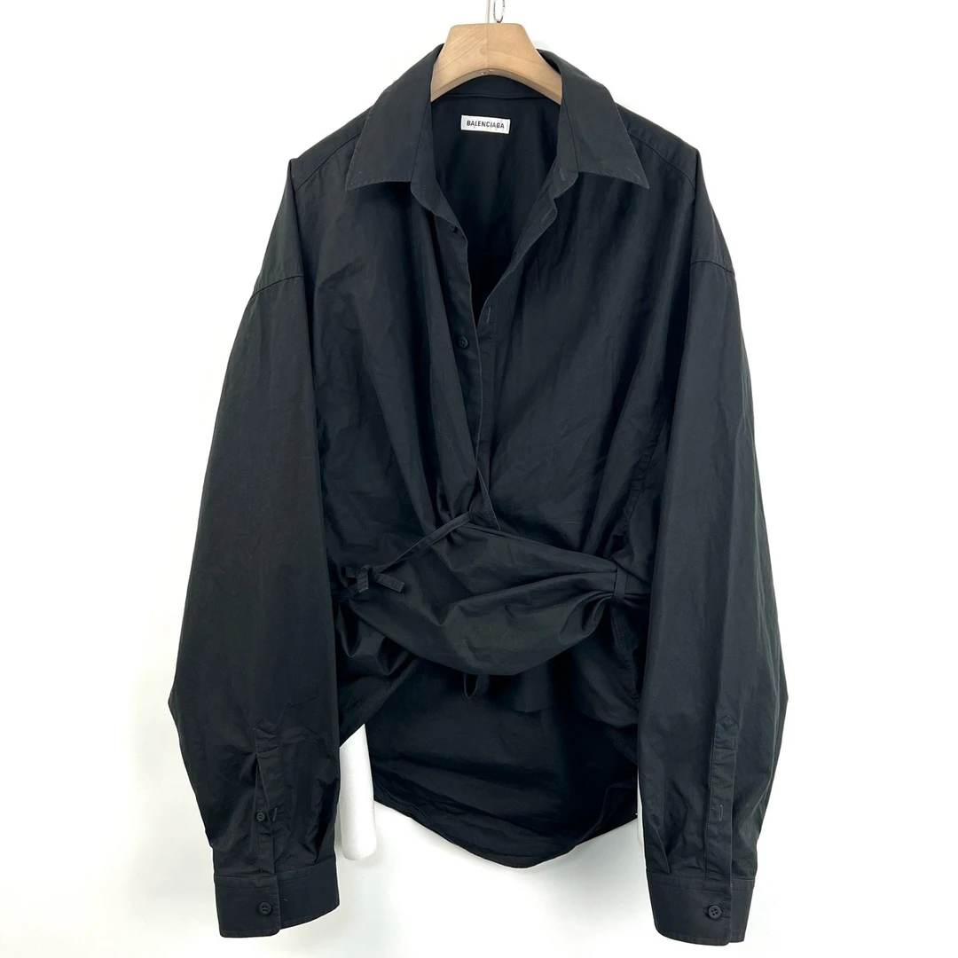 95新 Balenciaga/巴黎世家 36码/不规则刺绣logo黑色衬衫/0500